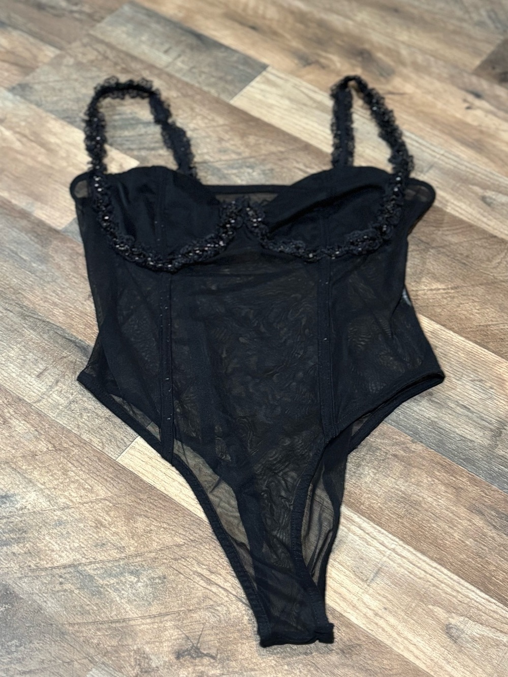 Sheer Black Lace-Trim Bodysuit